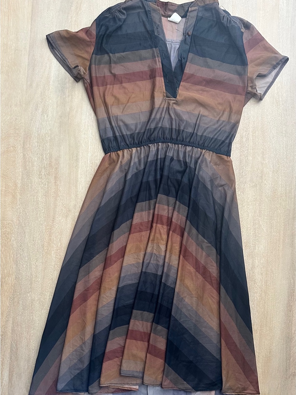🌿 Vintage 1970s Sheer Striped Day Dress | Earth Tones |